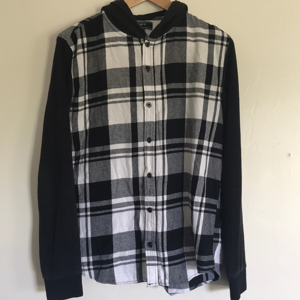 Black & white plaid long sleeve with hoodie